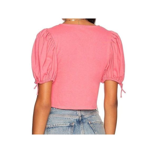 Free People OB1369457 Women's Sz L Velvet Rose Pink Kitty Tie Front Cropped Tee - Picture 2 of 8